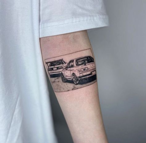 Car Guy Tattoos For Men, Drifting Tattoo, Jdm Tattoo Ideas, Jdm Tattoo, Mercedes Tattoo, Driving Tattoo, Car Tattoos For Guys, Gangsta Style Tattoo, Car Lover Tattoo