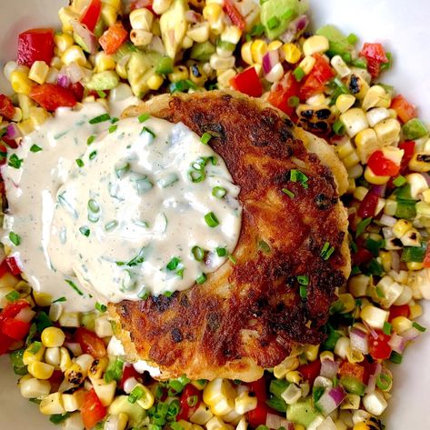 Crab Cakes with Dijonnaise and Charred Corn Salad — Dining by Kelly Crab Cake Side Dishes, Crab Cake Dinner Side Dishes, Sides For Crab Cakes, Crab Cake Sides, Crab Cake Dinner, Crab Cake Salad, Charred Corn Salad, Pescatarian Dishes, Quick Foods