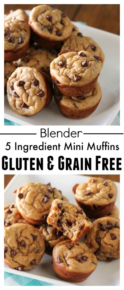 5 Ingredient Blender Mini Muffins (Gluten & Grain Free!) Bananas & Peanut Butter with mini chocolate chips. These take 5 minutes to make! Gluten Free Muffins, Grain Free Recipes, Chocolate Chip Muffins, Gluten Free Breakfasts, Foods With Gluten, 5 Ingredient, Paleo Dessert, Mini Muffins, Mini Chocolate Chips