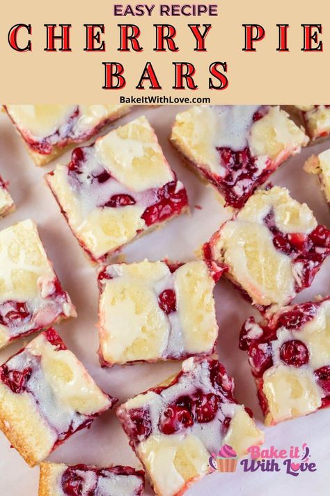 Cherry pie bars with vanilla icing are a delicious fruit dessert that is perfect for serving a crowd at any get-together! The sweet vanilla glaze requires only 3 ingredients and is perfect for topping off the golden buttery crust stuffed with cherry pie filling. Bring these cherry pie squares to a party, gathering, or potluck and everyone will want to know the recipe! BakeitWithLove.com #dessertbars #cherryfilling #pie #bakeitwithlove Cherry Pie Filling Recipes Easy, Cherry Pie Bars Recipe, Pie Squares, Fresh Cherry Recipes, Cherry Pie Filling Recipes, Cherry Pie Bars, Easy Dessert Bars, Homemade Cherry Pies, Cherry Pie Recipe