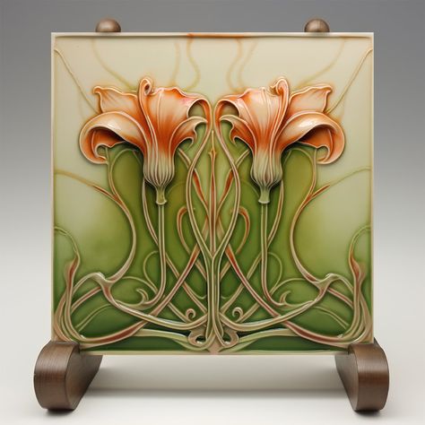 Elevate your home décor with this exquisite Art Nouveau Lilies Ceramic Tile, exclusively printed by Zazzle. This flat ceramic tile, featuring no embossed features, captures the elegance of the Art Nouveau style with its fluid lines and organic forms. The design showcases two beautifully intertwined lilies in shades of orange and green, set against a delicate gradient background. Perfect for adding a touch of sophistication to your kitchen, bathroom, or any living space, this tile seamlessly blen Art Nouveau Kitchen Design, Motif Art Nouveau, Art Nouveau Lighting, Art Nouveau Interior, Art Nouveau Furniture, Art Nouveau Flowers, Art Nouveau Pattern, Art Tiles, Art Nouveau Tiles