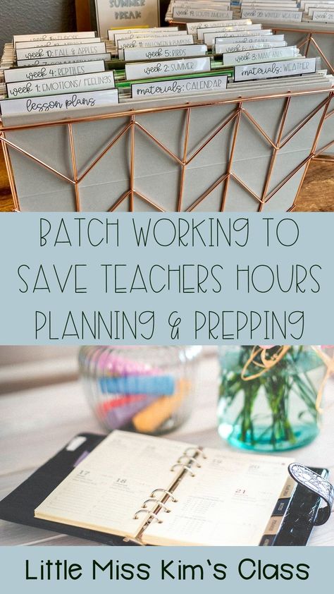 Tips for teachers to use batching to reduce the amount of time spend planning and prepping materials! Homeschool Teacher Organization, Batch Planning Teacher, Lesson Plan Organization Ideas, Lesson Planning Tips New Teachers, Desert Classroom, Work Organizer, Teacher Organisation, Classroom 2023, Organized Teacher