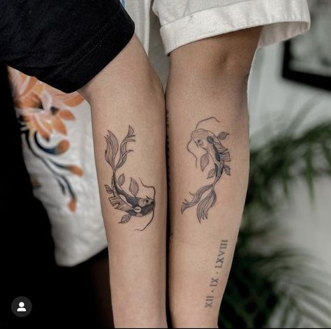 Coi Fish Matching Tattoo, Asian Matching Tattoo, Couples Koi Fish Tattoos, Matching Tattoos Koi Fish, Matching Coi Fish Tattoos Ideas, Koi Fish Matching Tattoo, Brother And Sister Matching Tattoos, Koy Fish Tattoos, Matching Koi Fish Tattoo