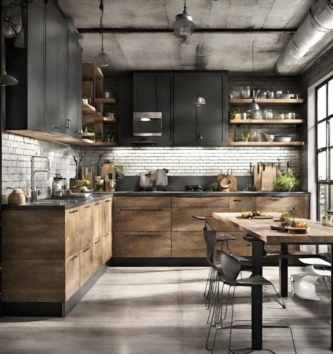 Loft Kitchen Ideas, Loft Kitchen Design, Loft Apartment Kitchen, Dark Cabinets Light Countertops, Luxury Kitchen Decor, Dining Corner, Wooden Room Dividers, Loft Kitchen, Space Saving Kitchen