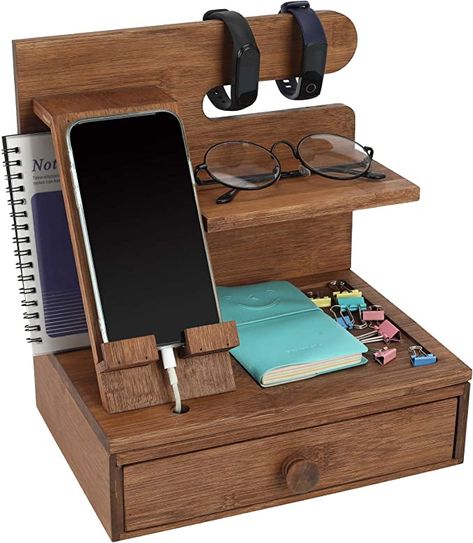 Wood Phone Docking Station, Functional Wood Projects, Night Stand Organizer, Charging Station Nightstand, Cell Phone Holder Diy, Bedside Stand, Wooden Phone Holder, Nightstand Organizer, Wood Docking Station