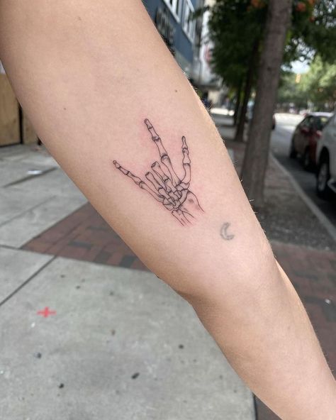 Mini Skeleton Tattoo, I Love You Skeleton Hand Tattoo, Deaf Tattoo Ideas, Matching Skeleton Tattoos, Deaf Tattoo, Sign Language Tattoo, Skeleton Hand Tattoos, Small Tattoos Ideas, Anatomy Tattoo