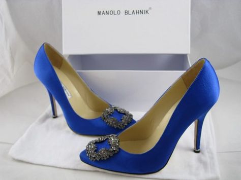 Ahhh Carrie... Happiness. Blue Manolo Blahnik, Manolo Blahnik Carrie, Manolo Heels, Blue Satin Shoes, Sjp Shoes, Formal Pumps, Sell Your Stuff, Rhinestone High Heels, Satin Shoes