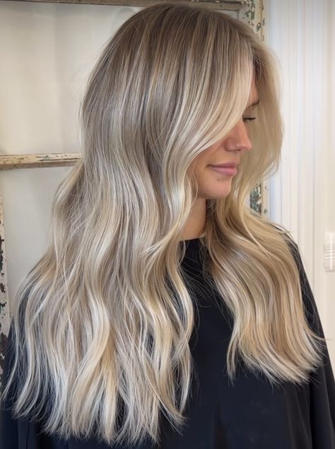 Blonde Balayage Blended Roots, Backwards Balayage Blonde Hair, Blonde Hair With Root Smudge And Lowlights, Sandy Lived In Blonde, Highlights With Root Shadow, Light Blonde With Shadow Root, Bright Blonde Shadow Root With Money Piece, Bright Lived In Blonde, Sandy Beige Blonde Hair