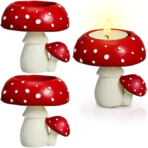 PRICES MAY VARY. Cute Candle Holder Set: you will receive 3 pieces of decorative mushroom candle holders, allowing you to place them in different corners and make various arrangements, which can bring more fun to your home decors Creative Mushroom Design: the decorative cute candle holder is a combination of lovey and novel mushrooms in different sizes, the large mushroom is designed as an opening for placing candles and the small mushroom is a decoration; The vivid and classic color combination Tall Votive Candle Holders, Making Candle Holders, Candlestick Crafts, Tea Scented Candles, Mushroom Candle, Mushroom Gnome, Small Mushroom, Rose Scented Candle, Ceramic Projects