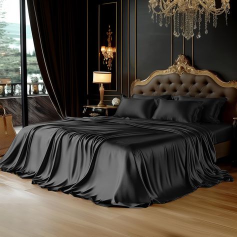 PRICES MAY VARY. 【Luxury Bedding Set】Luxury 4pc twin size satin sheets sets- 1 flat sheet 66"x96", 1 fitted sheet 39"x75"+14", 2 pillowcases 20"x30". Deep pockets that fit mattresses up to 14" deep with elastic around the fitted sheet, It can fit your mattress better 【Care for Skin And Hair】Satin fabric prevents hair breakage/knots and helps reduce facial or neck wrinkles. No need to worry about messy hair or dry skin every morning! Our silky satin sheets set is made from high quality, breathabl Vintage Hollywood Bedroom, Satin Bed Sheets, Hollywood Bedroom, Satin Bed, Black Bedroom Design, Bed Sheets Set, Silk Sheets, Neck Wrinkles, Satin Bedding