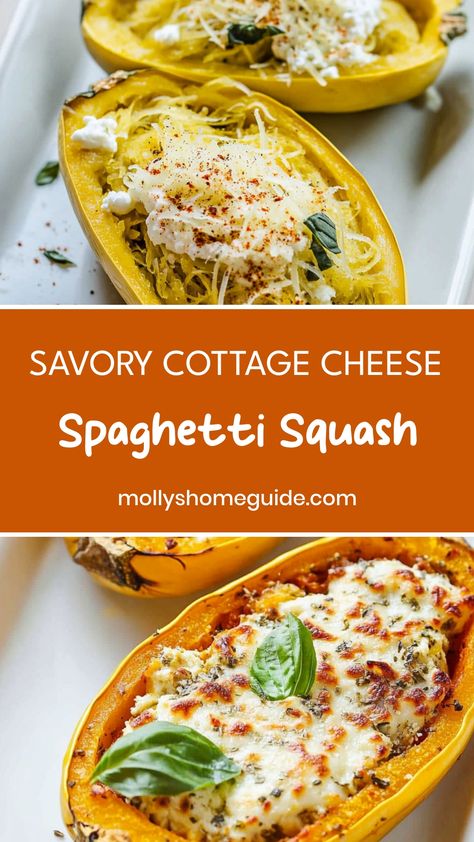 Discover a delicious twist on traditional spaghetti with this Cottage Cheese Spaghetti Squash recipe. The unique combination of creamy cottage cheese and roasted spaghetti squash creates a light yet satisfying dish that's perfect for lunch or dinner. Whether you're looking to add more veggies to your diet or simply want to try something new, this Cottage Cheese Spaghetti Squash dish is sure to become a family favorite.  Ingredients 1 spaghetti squash (about 1 pound) 1 tablespoon olive oil Salt, Spaghetti Squash Kale Recipes, Spaghetti Squash And Cheese, Spaghetti Squash Dishes, Spaghetti Squash Recipes Breakfast, Spaghetti Squash With Cottage Cheese, Spaghetti Squash With Goat Cheese, Spaghetti Squash Recipes Creamy, Spaghetti Squash Recipes Cream Cheese, Spaghetti Squash And Cottage Cheese