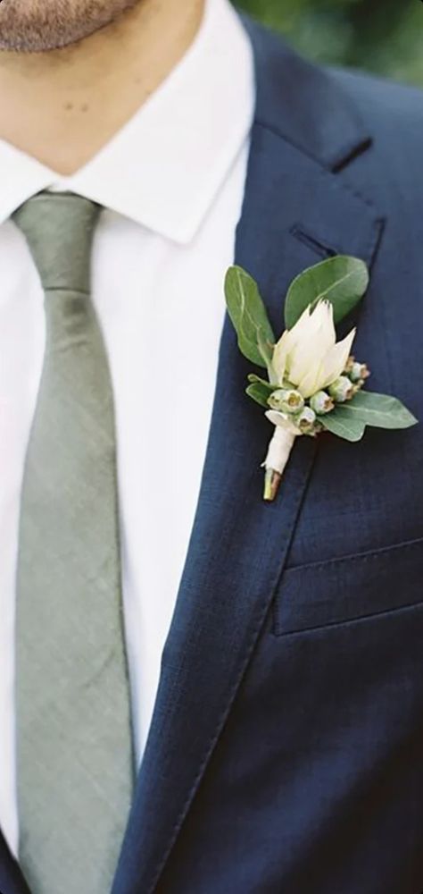 Navy Suit Sage Tie, Navy Blue And Sage Green Wedding, Casual Outdoor Wedding, Greenery Boutonniere, Blue Groomsmen Suits, Sage Green Wedding Colors, Blue Groomsmen, Botanical Wedding Inspiration, Suits Groom