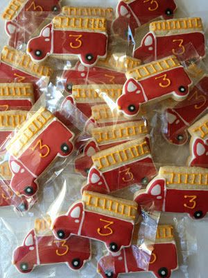 gluten-free firetruck Firefighter Cookie, Designed Cookies, Truck Cookies, Fire Truck Nursery, Firetruck Cake, Baby Reveal Cakes, Truck Cakes, Line Of Duty, Trucks Birthday Party