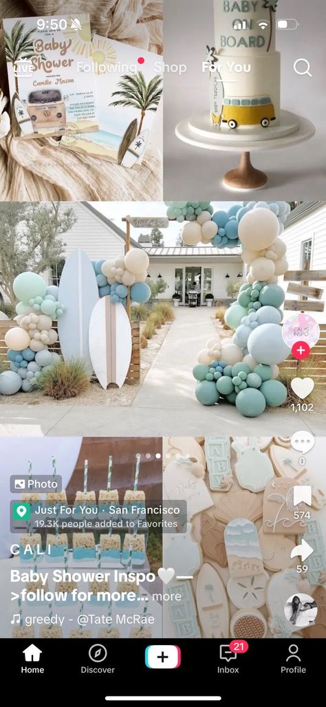 Pool Party Baby Shower Ideas Boy, Pool Party Baby Shower Ideas, Baby On Board Shower Theme, Surf Birthday Party, Surf Birthday, Baby Live, Baby Shower Tea, Baby On Board, Boy Baby Shower Themes