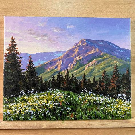 Painting On Canvas For Beginners, Canvas For Beginners, Scenery Paintings, Landscape Paintings Acrylic, Seni Cat Air, Landscape Art Painting, Small Canvas Art, Lukisan Cat Air, Mountain Scene