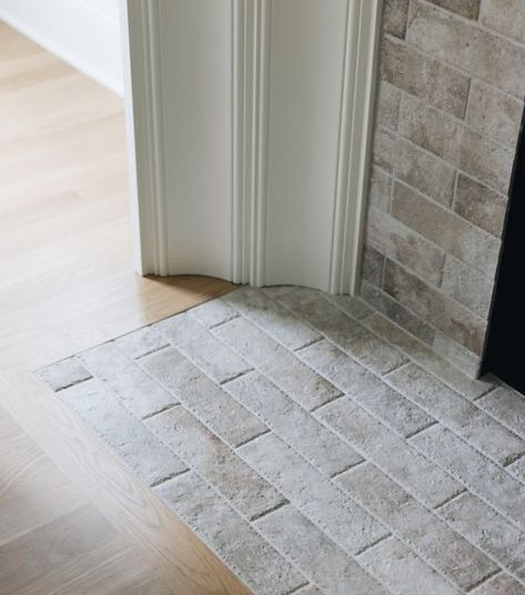 Fireplace Stone Floor, Stone Fireplace With Tile Hearth, Tile In Front Of Fireplace Hearth, Fireplace Floor Hearth, Fireplace Floor Tile Ideas, Tiled Fireplace Wall, Tile Around Fireplace, Fireplace Hearth Tiles, Fireplace Floor