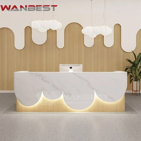 Built In Reception Desk, Reception Space Design, Reception Counter Design, Kids Clothing Store Design, White Reception Desk, Marble Office, School Reception, Columns Decor, Custom Reception Desk