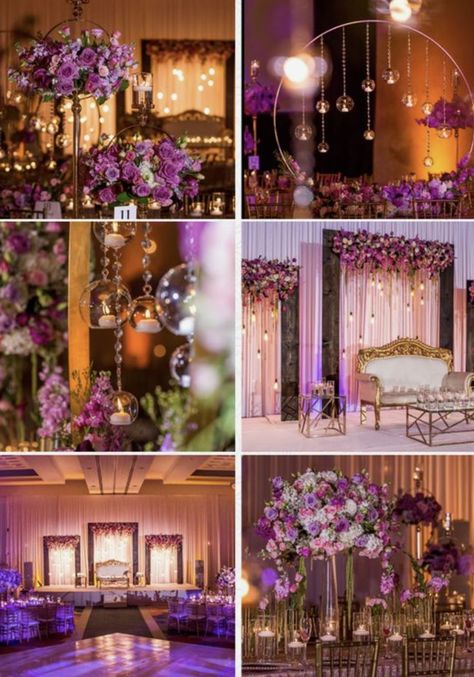 Different Shades Of Purple Wedding, Purple And Gold Rustic Wedding, Shades Of Purple And Gold Wedding, Purple And Gold Event Decor, Purple Backdrop Wedding, Purple And Gold Wedding Party, Shades Of Purple Decorations, Balloon Backdrop With Lights, Lavender Reception Decorations