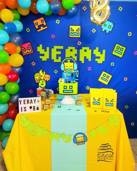 Geometry Dash Birthday Party Ideas, Geometry Dash Cake, Geometry Dash Party Decorations, Geometry Dash Birthday Party, Unikitty Party, Geometry Dash Party, Geometry Dash Birthday, Geometry Dash, Birthday Movie Night