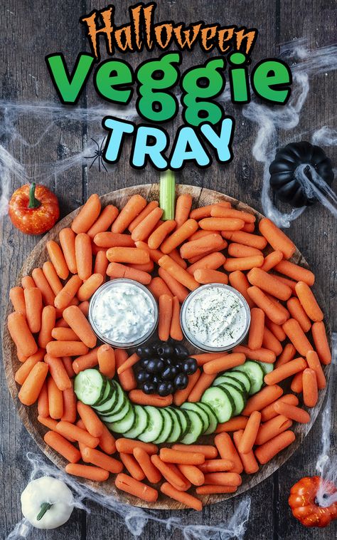 A pumpkin shaped vegetable platter with a text overlay title. Halloween Veggie Platter, Super Easy Party Food, Halloween Veggie Tray, Pumpkin Platter, Halloween Platter, Veggie Platter, Pumpkin Vegetable, Mini Carrots, Vegetable Tray