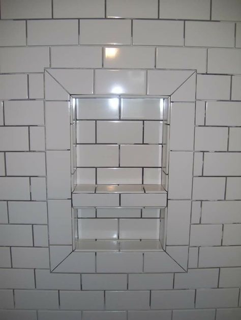 Subway Tile Bathroom With Niche, Shower Niche With Bullnose Trim, Bathroom Wall Niche Recessed Shelves, Beach House Guest Bathroom, Bullnose Tile Trim Shower Niche, Tiled Recessed Niches In Showers, Washroom Tiles, Niche Shelves, Ceramic Tile Bathrooms