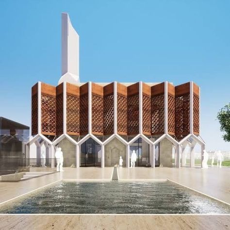 Long Building Design, Islamic Facade Architecture, Islamic Center Design, Mosque Facade Design, Architecture Mosque Design, Shading Elements Architecture, Unique Roof Design Architecture, Spartan Architecture, Islamic Architecture Elevation