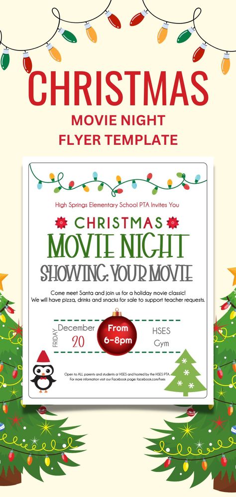 Christmas Movie Night Flyer Template, Movie Night, Family Movie Night, Fundraiser, PTA, PTO, School, Church, Easy to use template Outside Christmas Movie Night, School Christmas Movie Night, Christmas Movie Night Fundraiser, Christmas Family Movie Night, Movie Night School, Movie Night Flyer, Holiday Movie Night, Night School, Christmas Movie Night