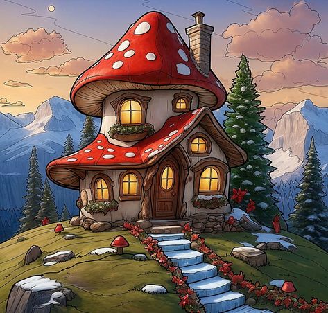 Gnome House Painting, Mushroom Building, Fairy Toadstool, Fantasy Houses, Mushroom Houses, Halloween Idea, Gnome House, Mushroom House, House Illustration