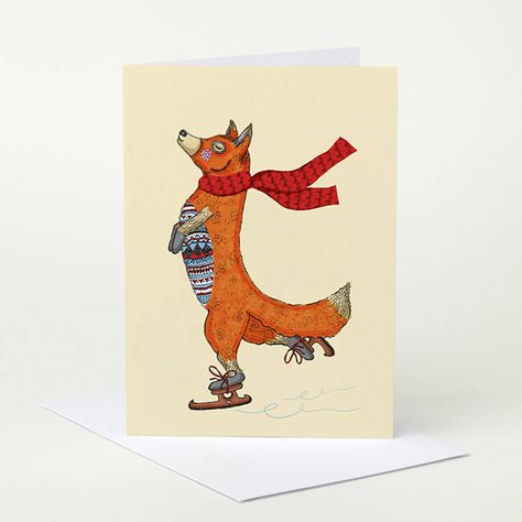 Ice Skating Fox Christmas Card Christmas Whimsy, Fox Character, Invitation Card Party, Fox Hunt, Fox Christmas, Festive Crafts, Brown Envelopes, Christmas Card Design, A6 Size