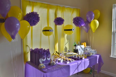 Purple Minion 6th Birthday Party setup! Purple Minion Birthday Party, Purple Minion Party, Minion Party Theme, Purple Minions, Minion Theme, Party Setup, Minion Birthday Party, Minion Birthday, Minion Party