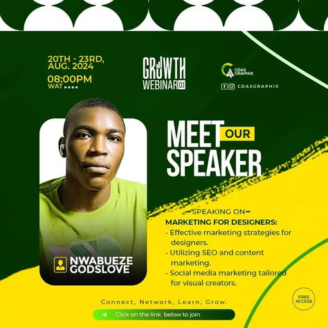 Meet Our Speaker: Nwabueze Godsgift! We are thrilled to introduce one of our esteemed speakers for the upcoming **Growth Webinar 0.1 for Creatives and Content Creators**: Nwabueze Godsgift! Nwabueze is a talented graphic designer with a wealth of experience in the industry. He has a passion for transforming creative ideas into compelling visual narratives that captivate and engage audiences. In his session, "Marketing for Designers," he will share invaluable insights on how to effectively m... Webinar Flyer Design, Webinar Flyer, Effective Marketing Strategies, Content Creators, Content Creator, Flyer Design, Graphic Designer, Creative Ideas, Marketing Strategy