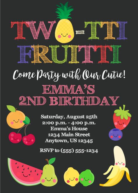 Two-tti Fruitti Custom Birthday Invitation - Tutti Fruity - Printable Twotti Fruitti, Twotti Fruity, Tutti Frutti Birthday Party, Fruit Birthday Party, 2nd Birthday Party For Girl, First Birthday Girl, Fruit Birthday, Second Birthday Ideas, Custom Birthday Invitations