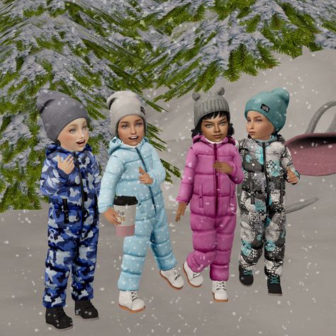 Snow jumpsuit for toddlers by Klira | Klira&Trinity on Patreon Toddler Winter Clothes, Snow Jumpsuit, Sims2 Cc, Toddler Cc Sims 4, Sims 4 Toddler Clothes, 4 Family, Mesh Texture, Die Sims 4, Sims 4 Family