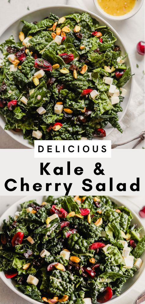 This is THE BEST kale salad! Featuring fresh cherries, dried cherries, creamy brie, crunchy pistachios, and the most delicious white balsamic vinaigrette. It's outstanding. Cherry Salad Recipes, Kale Benefits, Best Kale Salad, Cherry Salad, Creamy Brie, Cucumber Tomato Avocado Salad, White Balsamic Vinaigrette, Cherries Salad, Grilled Chicken Tenders