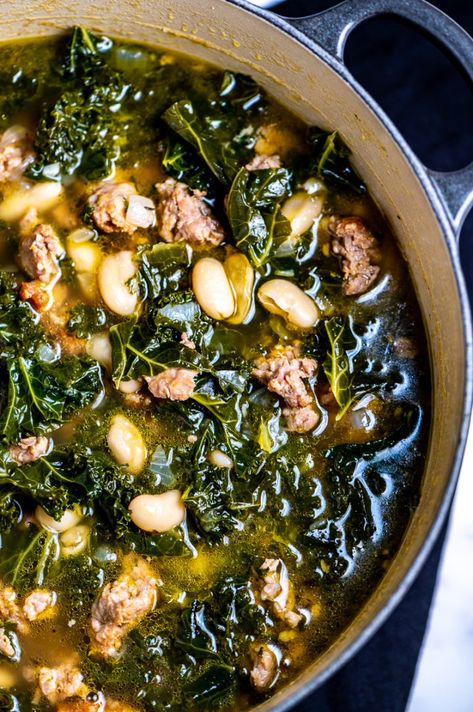 Soup-er Delicious Kale White Bean & Sausage Soup - The Genetic Chef Bean Sausage Soup, White Bean Sausage Soup, White Bean Sausage, Kale And White Bean Soup, Kale And Bean Soup, Bean Sausage, Kale White Bean, Kale And White Bean, Bean And Sausage Soup