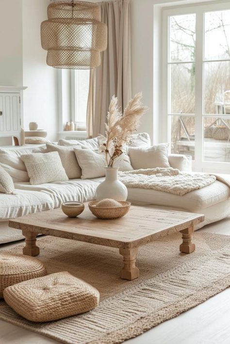 Beige Interior Aesthetic, White And Beige Living Room, Sala Aesthetic, Oasis Living Room, Vintage Boho Living Room, Neutral Boho Living Room, Sofa Boho, Living Blanco, Peaceful Interior