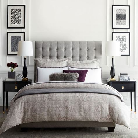 Paco Vila Guillen: Black & White Graphic Sketch | Williams-Sonoma Grey Headboard Black Nightstand, Modern French Bedroom, Baltimore House, Black Gold Bedroom, Gray Headboard, Lamp Tall, Graphic Sketch, Nyc Penthouse, Masculine Interior