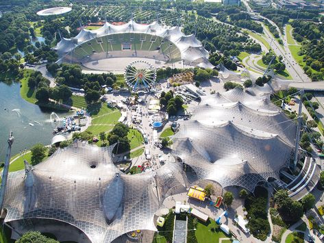 Frei Otto, Olympiastadion Munich 1972.            7 of the Most Beautiful Olympic Stadiums and Venues Ever Built Architecture Branding Design, Fashion Show Design, Empty Pool, Otl Aicher, Architecture Branding, Membrane Structure, 20th Century Architecture, Tensile Structures, Minimal Surface