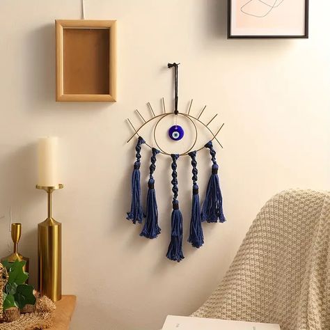 1pc Boho Klein Blue Devils Eye Handwoven Rope Knot Tassel Hanging Ornament Home Room Living Room Bedroom Bathroom Decor Pendant Home Decor Room Decor Holiday Decor | Shop On Temu And start Saving | Temu Evil Eye Room Decor, Evil Eye Room, Eye Dream Catcher, Dream Catcher Materials, Macrame Wall Hanging Decor, Aztec Decor, Witch Room Decor, Boho Macrame Wall Hanging, Macrame Dream Catcher