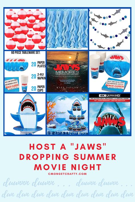 Throw a FIN-tastic JAWS themed movie night with the classic and iconic film that made us all afraid to go back in the water. Sink your teeth into these party essentials for a summer splash - you're gonna need a bigger guest list! #Jawsmovienight #bewaretheshark #movienightmadness #jawsclassic #chillsandthrills #youregonnaneedabiggerboat #summermovienight Jaws Movie Night, Sharknado Party, Jaws Party, Summer Movie Night, Birthday Movie Night, 40th Birthday Men, Halloween Tea Party, Jaws Movie, Summer Movie