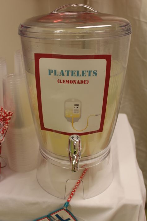 Hospital Themed Birthday party, platelet lemonade #doctorparty #nurse Medical School Graduation Party Ideas, Medical Themed Parties, Nurse Grad Parties, Nurse Graduation Party Decorations, Medical Party, Doctor Party, Nursing School Graduation Party, College Grad Party, Nursing Graduation Pictures