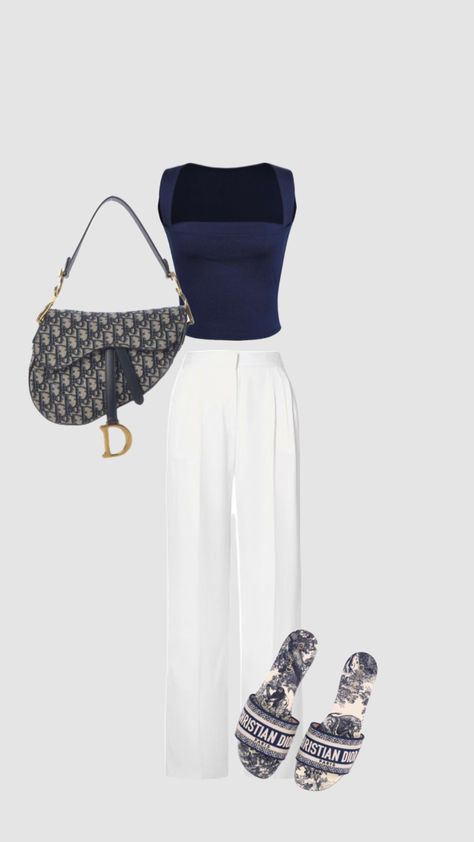 Outfit dinner, dark blue top, white trousers, dior slides, dior bag Dior Trousers, Dior Slides Outfit, Navy Pants Outfit, Dior Slides, Blue Top Outfit, Dior Outfit, Blue And White Outfits, Dior Shirt, Outfit Dinner