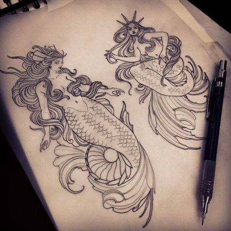 Neo Traditional Mermaid, Traditional Mermaid, Traditional Mermaid Tattoos, Tattoo Mermaid, Red Tattoo Ideas, Siren Tattoo, Red Ink Tattoo, Mermaid Tattoo Designs, Tattoos Mandala