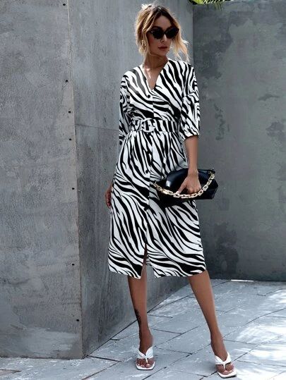 Floral And Geo Print Split Hem Belted Shirt Dress | SHEIN EUR Zebra Print Dress Outfit, Zebra Print Clothes, Zebra Print Dress, Zebra Dress, Animal Print Fashion, Belted Shirt Dress, Button Front Dress, Dress With Belt, African Print Fashion