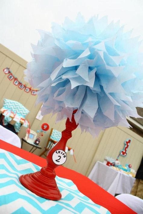 Thing One Thing Two Birthday Party Ideas, Red Lamps, Doctor Suess Birthday, Thing One Thing Two, Truffula Trees, Dr Seuss Birthday Party, Hat Birthday, Twin Birthday Parties, Dr Seuss Baby Shower