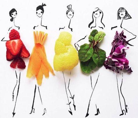 Fashion Illustrations made with fruits and vegetables by Gretchen Röehrs Drawing Eyes, Colorful Fruit, Dress Sketches, Japan Design, Fashion Illustrator, Drawing Tutorials, Food Illustrations, Food Items, Food Coloring