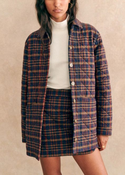 Will Jacket - Ivan Burgundy Tartan - Sézane Sezane Style, Denim Suit, Cotton Textile, Swimwear Dress, Floral Jacquard, Oversized Jacket, Goat Leather, Plaid Jacket, Blouse Dress