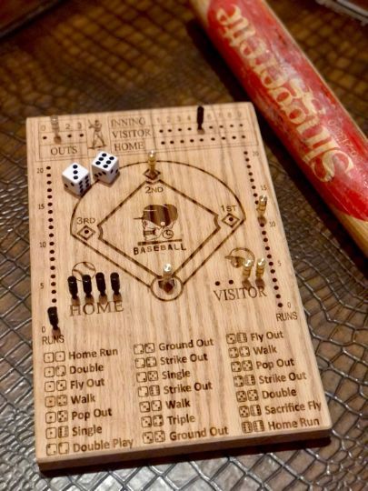 Dice Baseball Game Board, engraved playing baseball board for the family, Family game, customized team logo Wooden Game Boards, Frustration Rummy, Purple Dice, Diy Yard Games, Baseball Teams Logo, Indoor Crafts, Glass Markers, Wooden Board Games, Airplane Wall Art