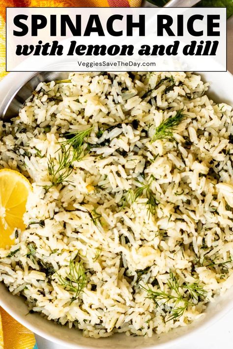 Mediterranean Spinach Rice is full of vibrant flavors from onion, garlic, lemon, and dill. This delicious side dish is easy to make on the stove in 30 minutes. Cilantro Rice Chipotle, Rice Pilaf Recipe Easy, Lemon Rice Pilaf, Rice With Lemon, Vegan Mediterranean Diet, Garlic Lemon Chicken, Herb Rice, Greek Marinated Chicken, Rice Recipes Vegan