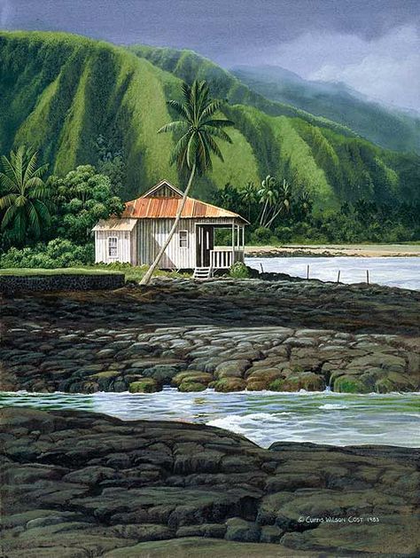 Hawaiian Painting, Village Landscape, Caribbean Art, Hawaiian Art, Dream Land, Hawaiian Culture, The Big Island, Village Life, Country Art